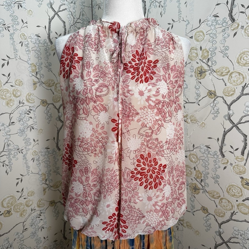 Max Studio‎ Women's Too Sz L Floral Key Hole Ruffled Tie Front Sleeveless Pink